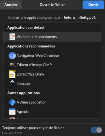 Le menu ouvrir avec peut définir une application par défaut par type de fichiers